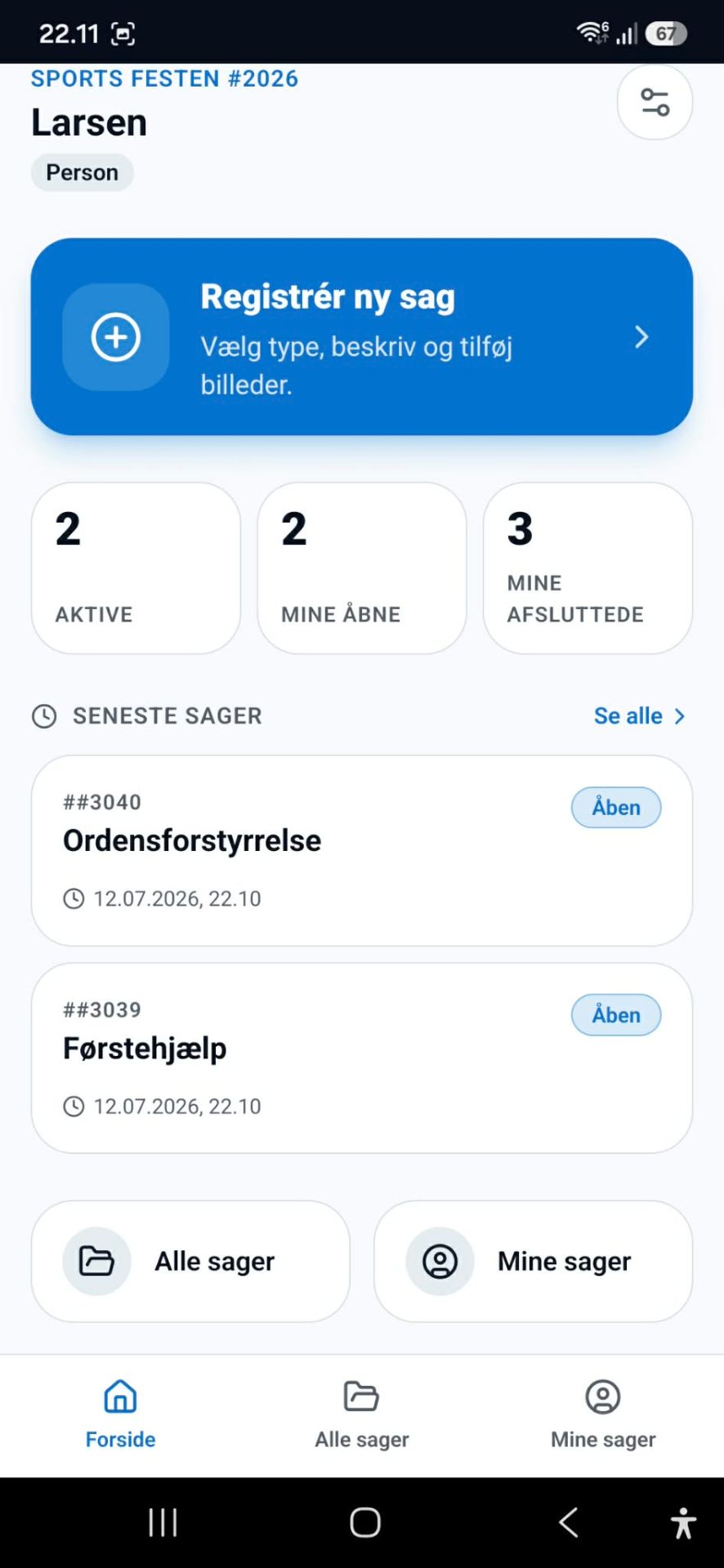 EventObs Field-appen: forside med sager
