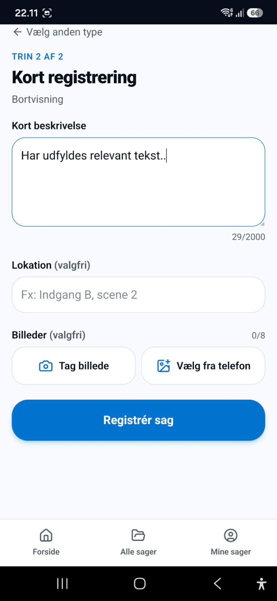EventObs Field-appen: kort registrering af sag